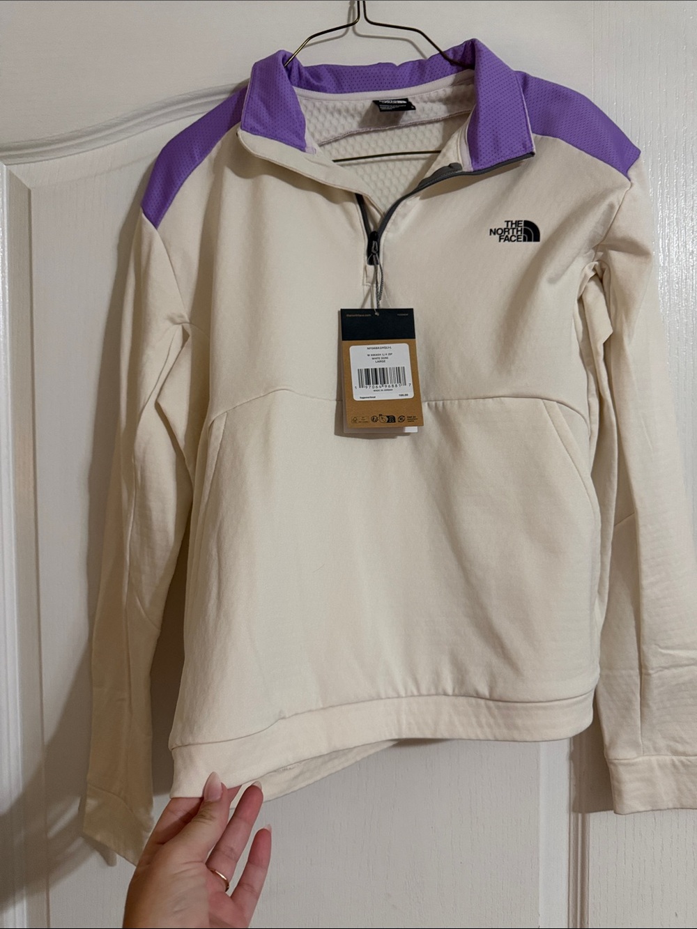 The North Face Cream Pullover with Purple Shoulder Accents